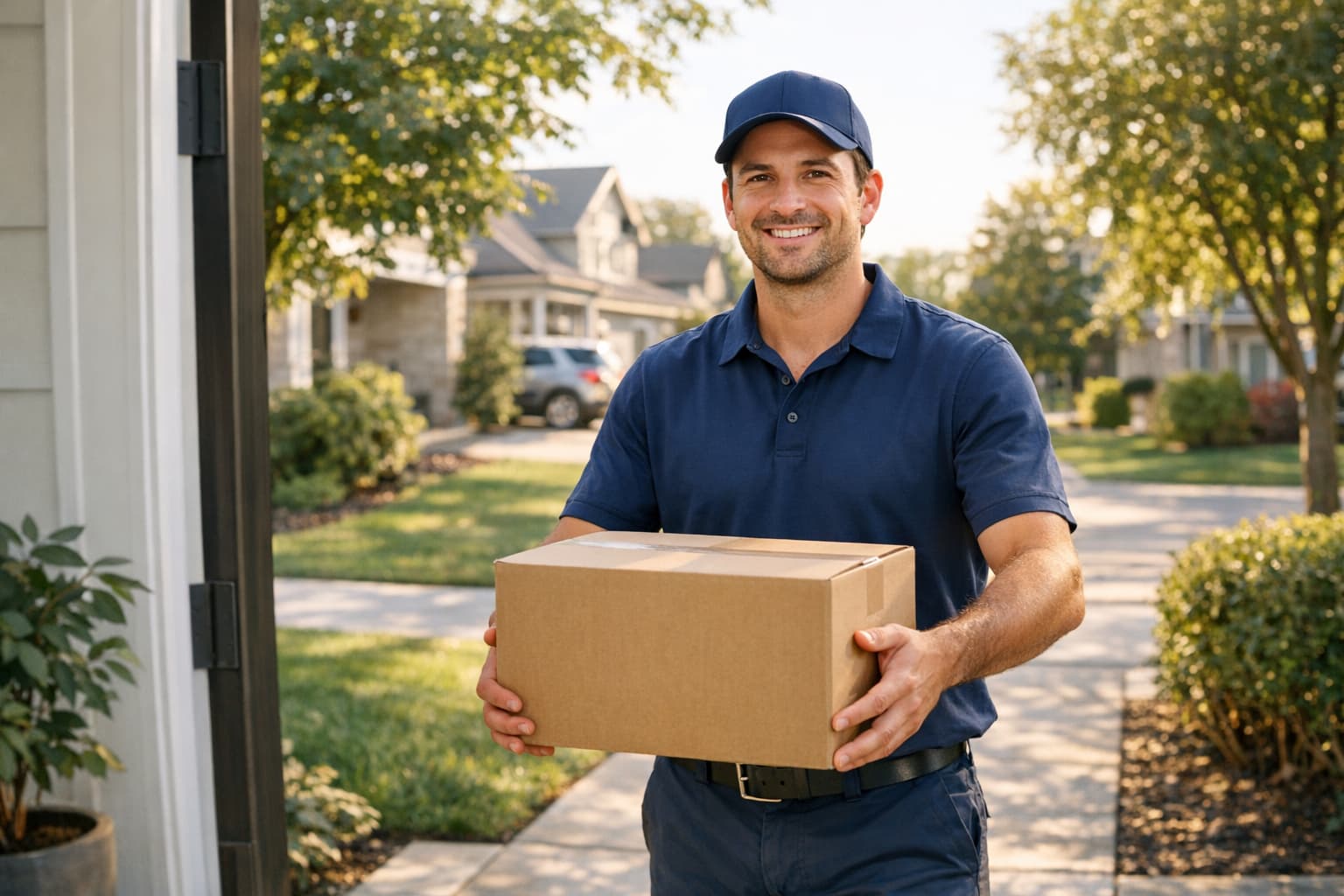 Home services delivery person at a residential front door