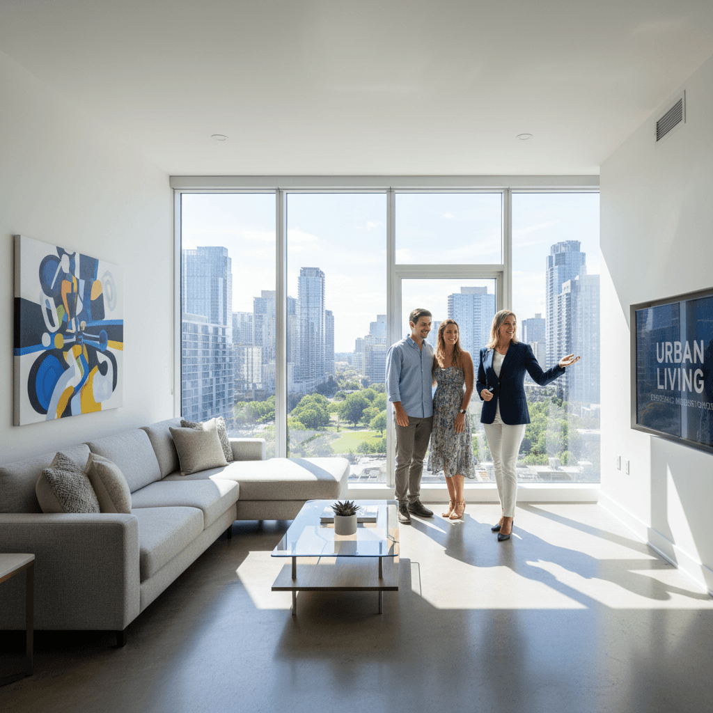 Real estate agent showing apartment to buyers