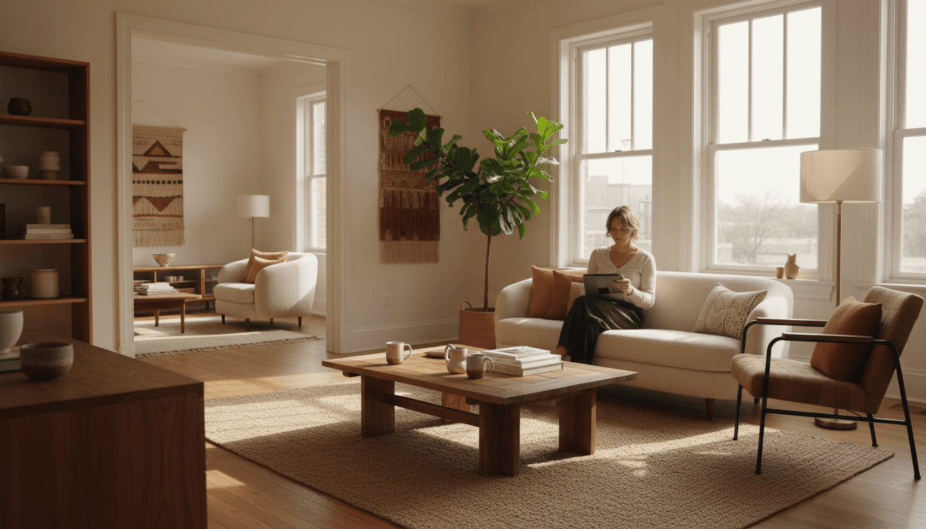 Living room with mixed furniture pieces and natural morning light