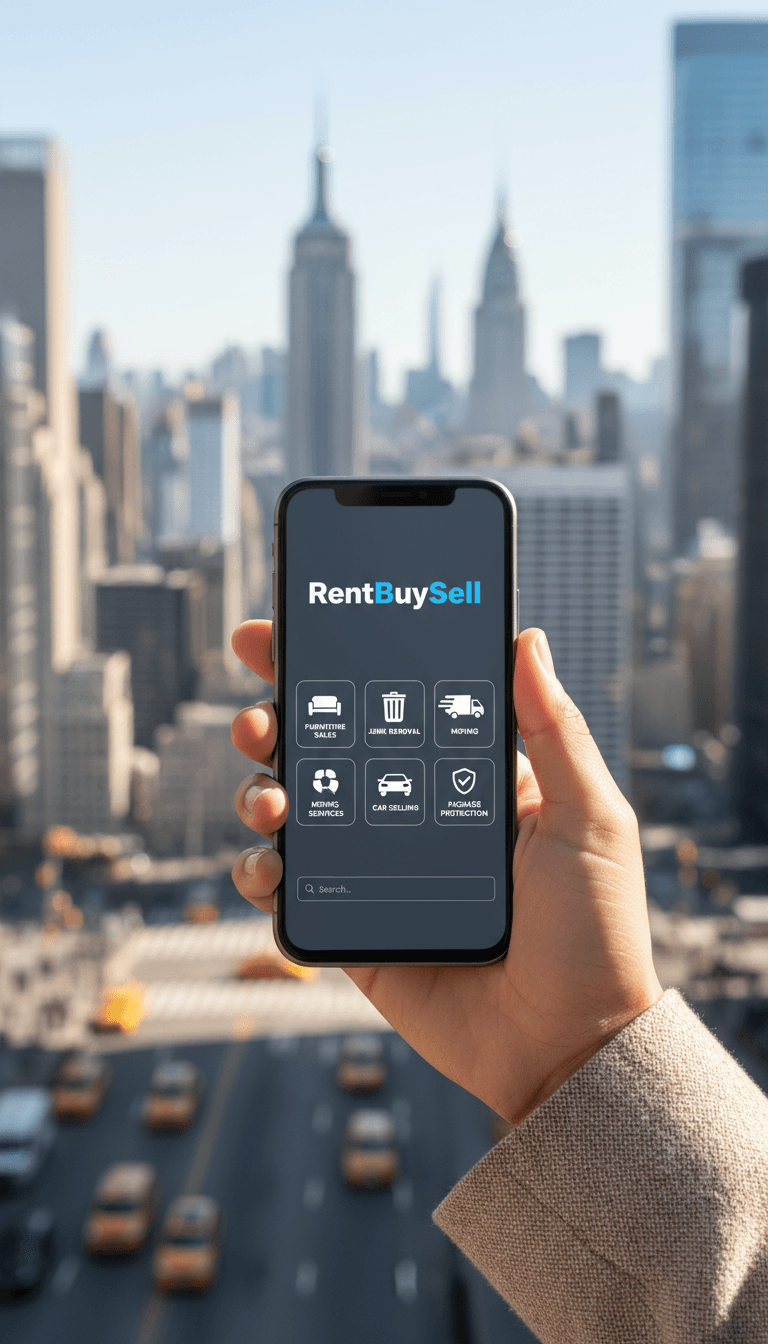 Smartphone displaying RentBuySell platform in urban New York setting
