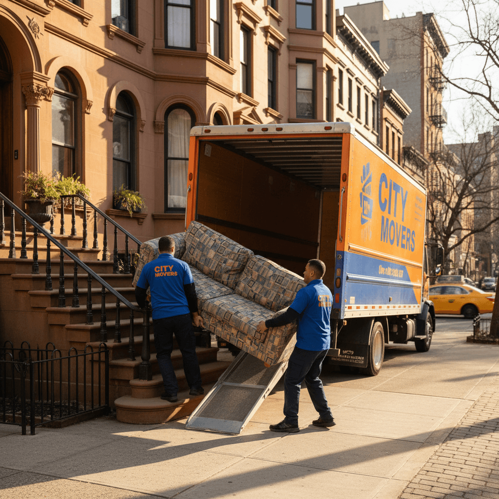 Local movers carrying furniture during a residential move in New York