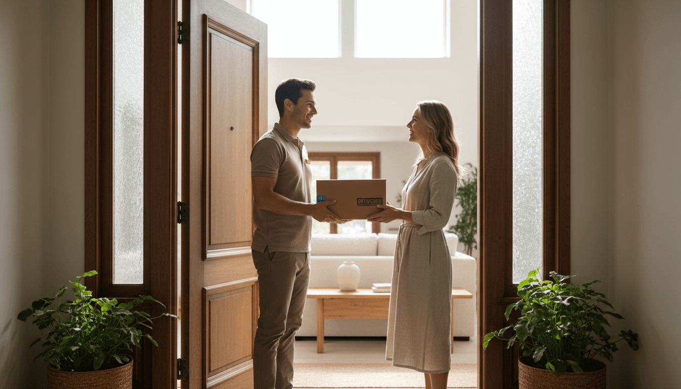 Professional package delivery handoff at a residential front door in daylight
