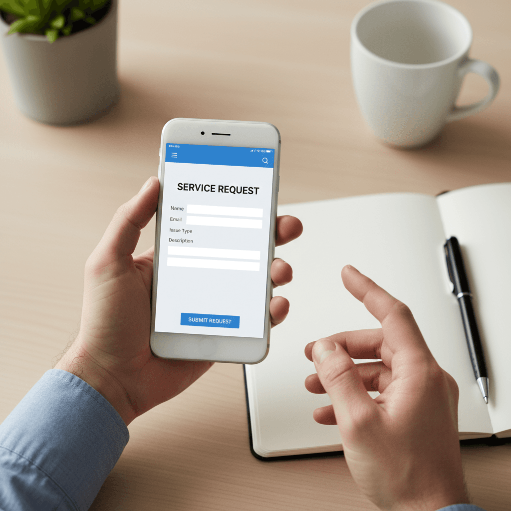 Person submitting service request on smartphone