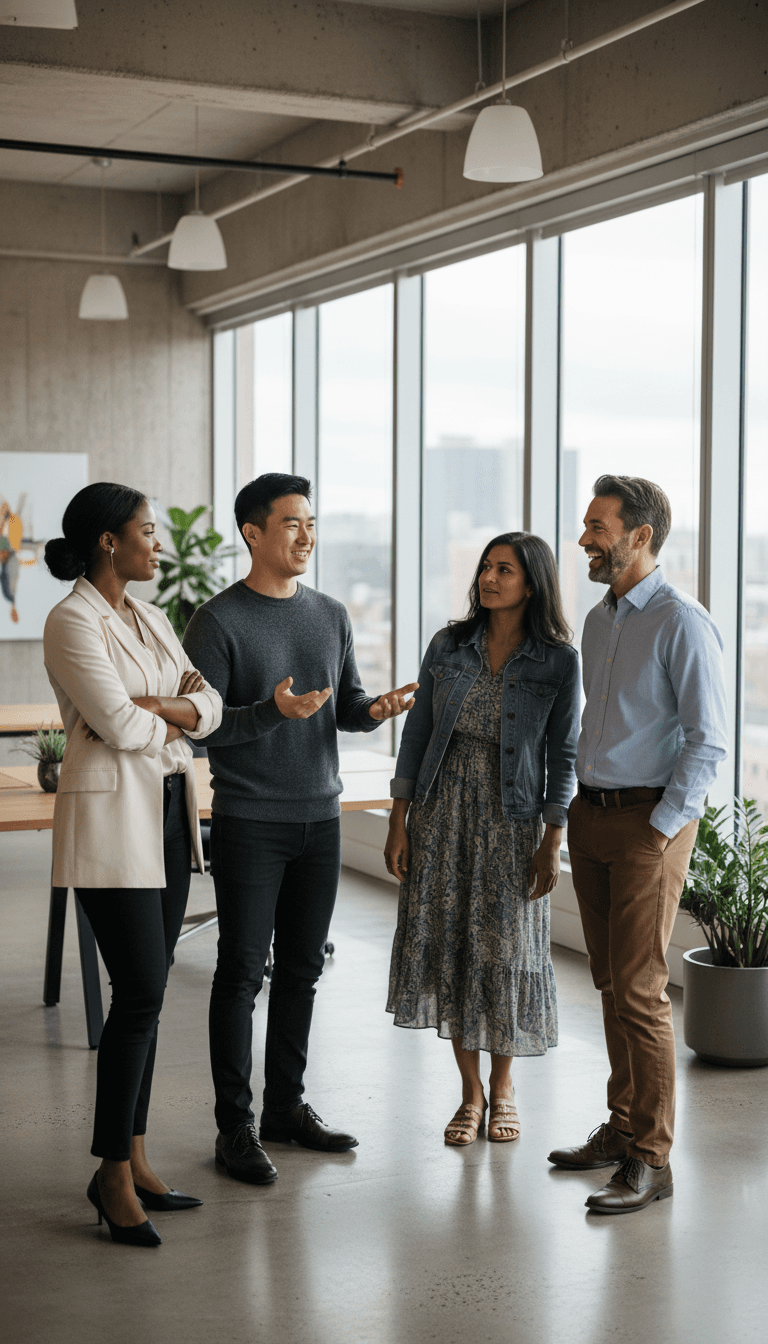 Multi-ethnic professional team standing together in bright modern office space with natural light and contemporary design