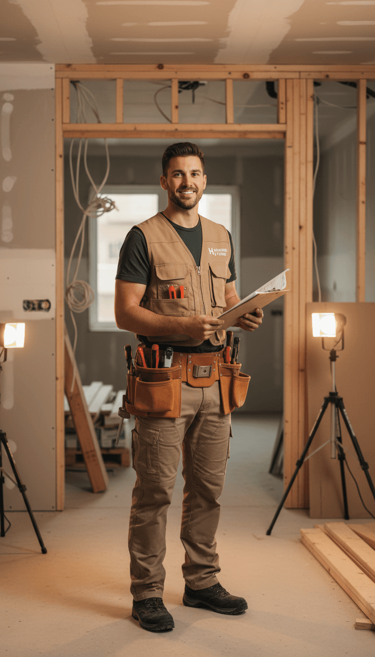 Male contractor in full work attire and tool belt standing confidently in mid-renovation kitchen holding clipboard