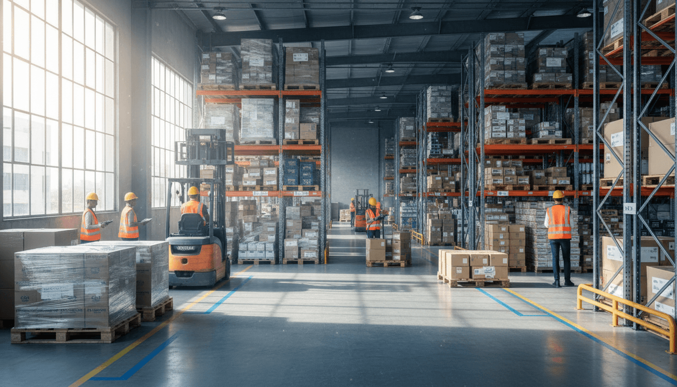 Workers in safety gear managing organized product inventory on multiple warehouse shelving levels with natural light