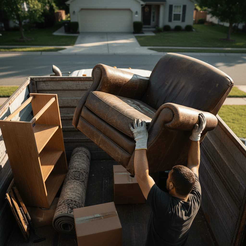Worker in gloves loading worn armchair into truck bed among other household items during junk removal service