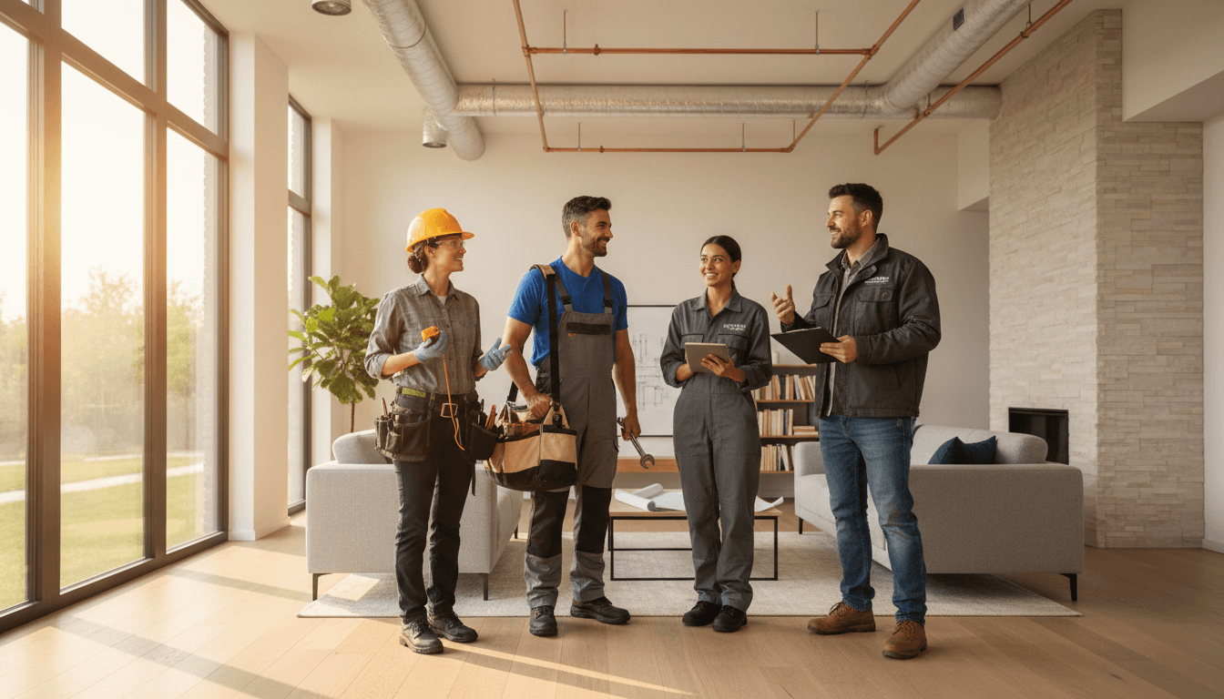 Diverse team of four home service professionals in uniforms consulting in bright residential living room
