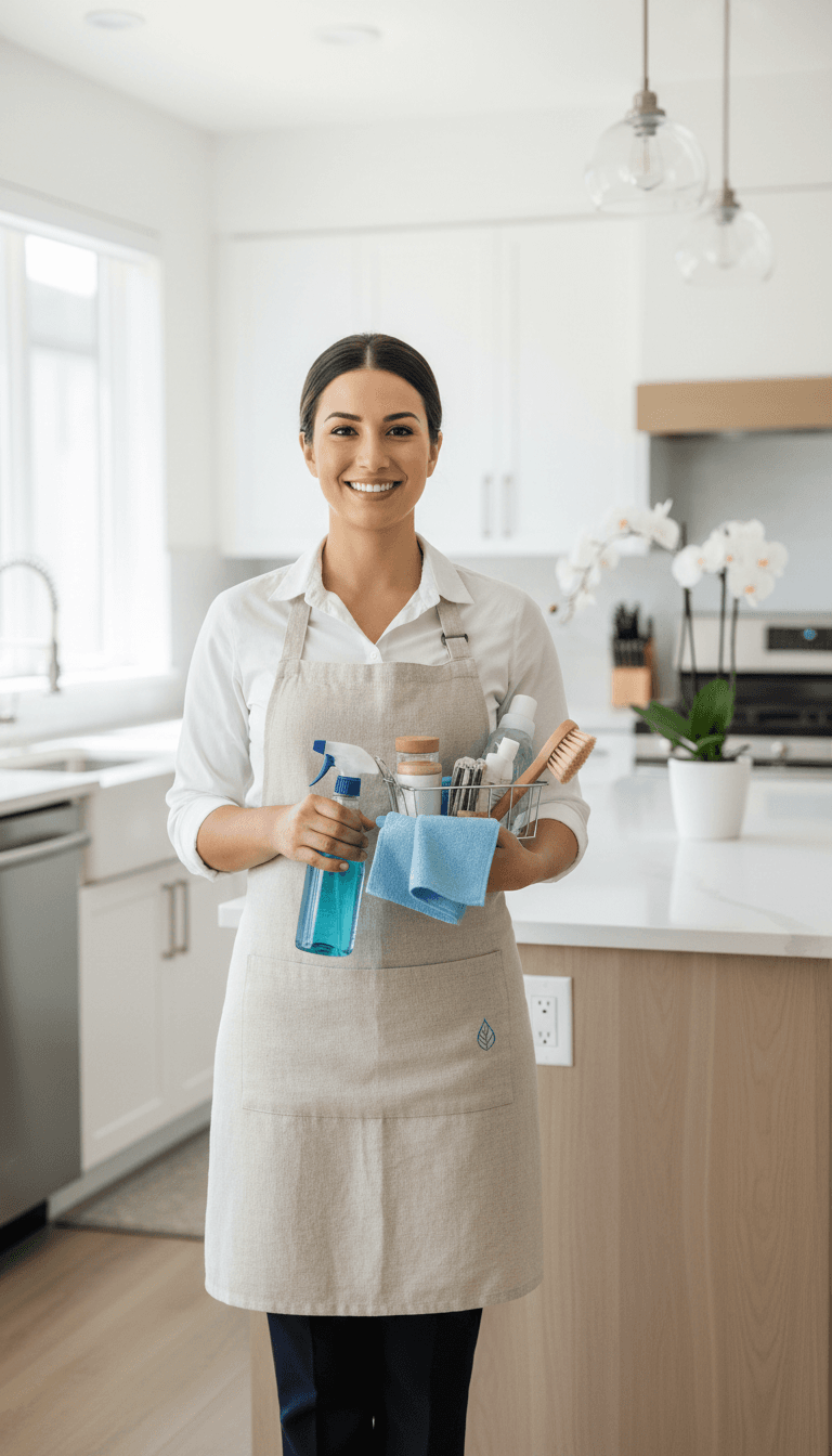 Professional cleaner in white uniform standing confidently in modern kitchen holding organized cleaning supplies