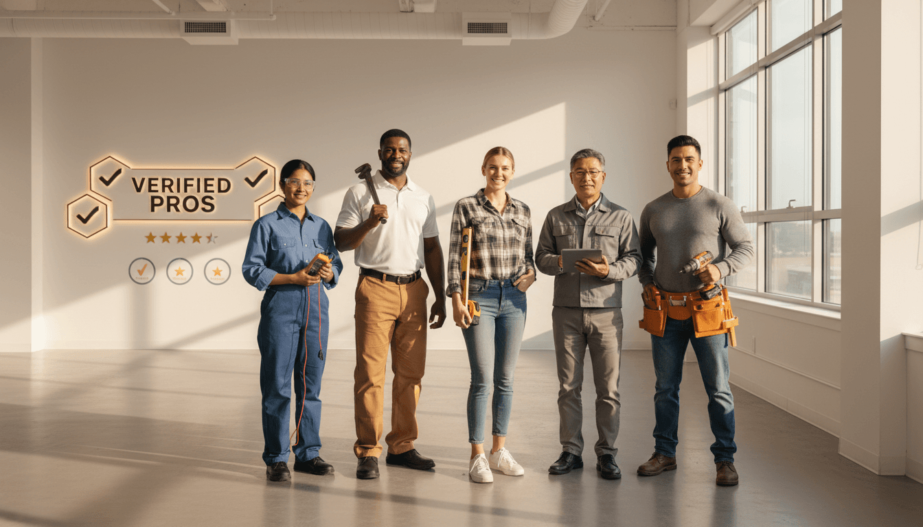 Group of diverse service professionals including electrician, plumber, carpenter, and HVAC technician standing confidently in modern office with natural light