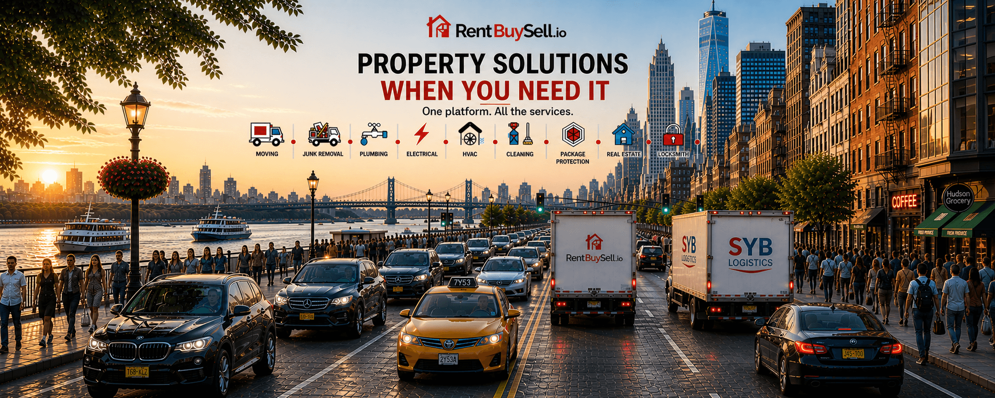 Busy city street at sunset with RentBuySell.io property solutions and icons for various services.