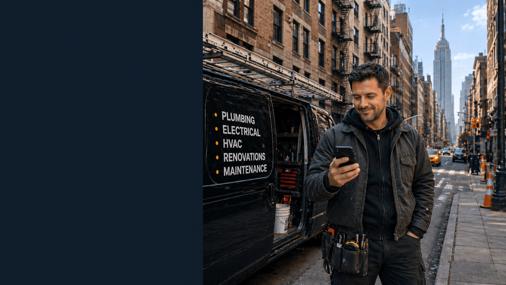 Contractor in a tool belt using a smartphone next to a black service van.